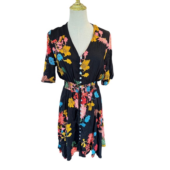 Unbranded Dresses & Skirts - Floral Rayon V-Neck Button Front Dress Black Multi Smocked Waist Tassel Size M